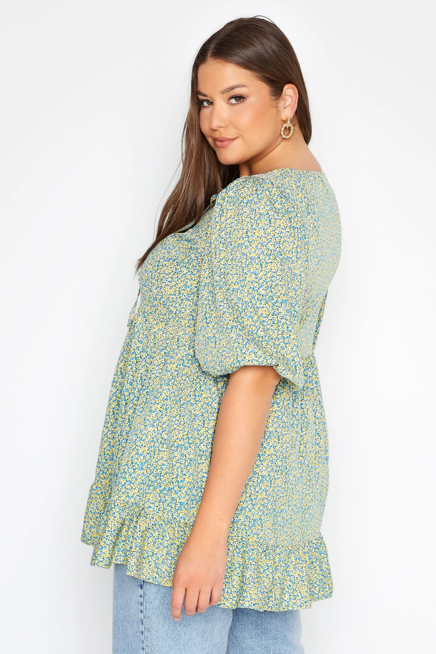 YOURS Curve Blue Ditsy Print Tie Neck Smock Top 2 YOURS Curve Blue Ditsy Print Tie Neck Smock Top - Image 2