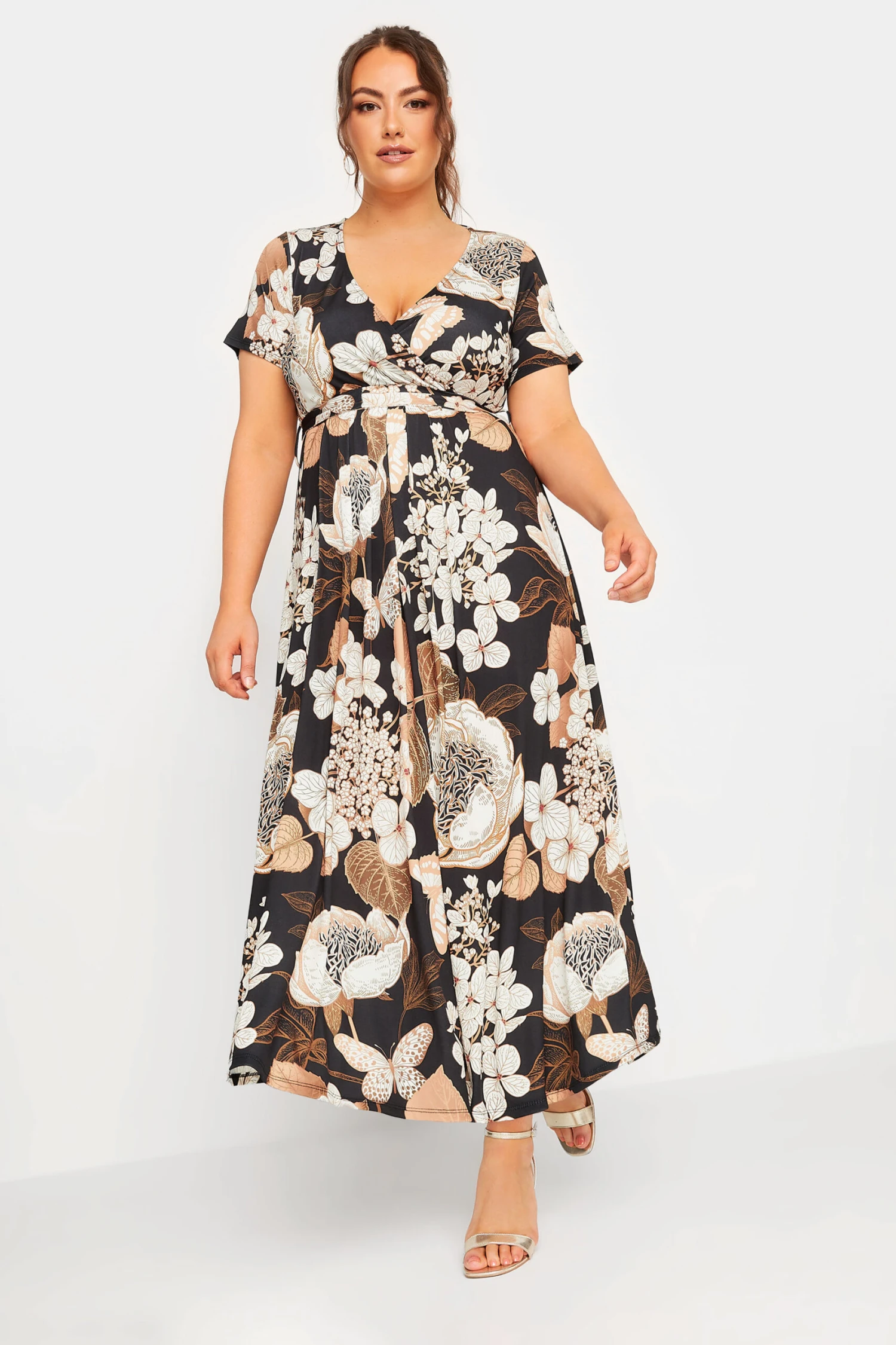 YOURS Curve Black Neutral Floral Print Wrap Front Midaxi Dress 1 YOURS Curve Black Neutral Floral Print Wrap Front Midaxi Dress