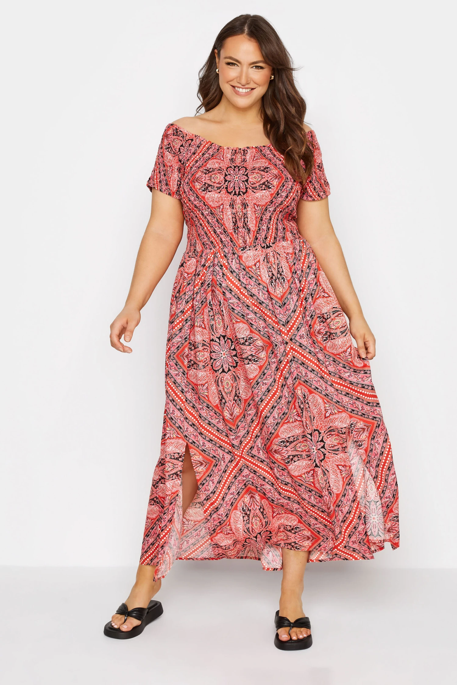 YOURS Curve Pink Paisley Print Bardot Maxi Dress 1 YOURS Curve Pink Paisley Print Bardot Maxi Dress