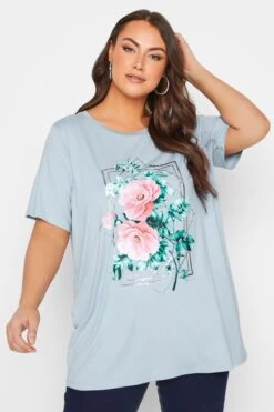 YOURS Curve Light Blue Floral Foil Print T-Shirt