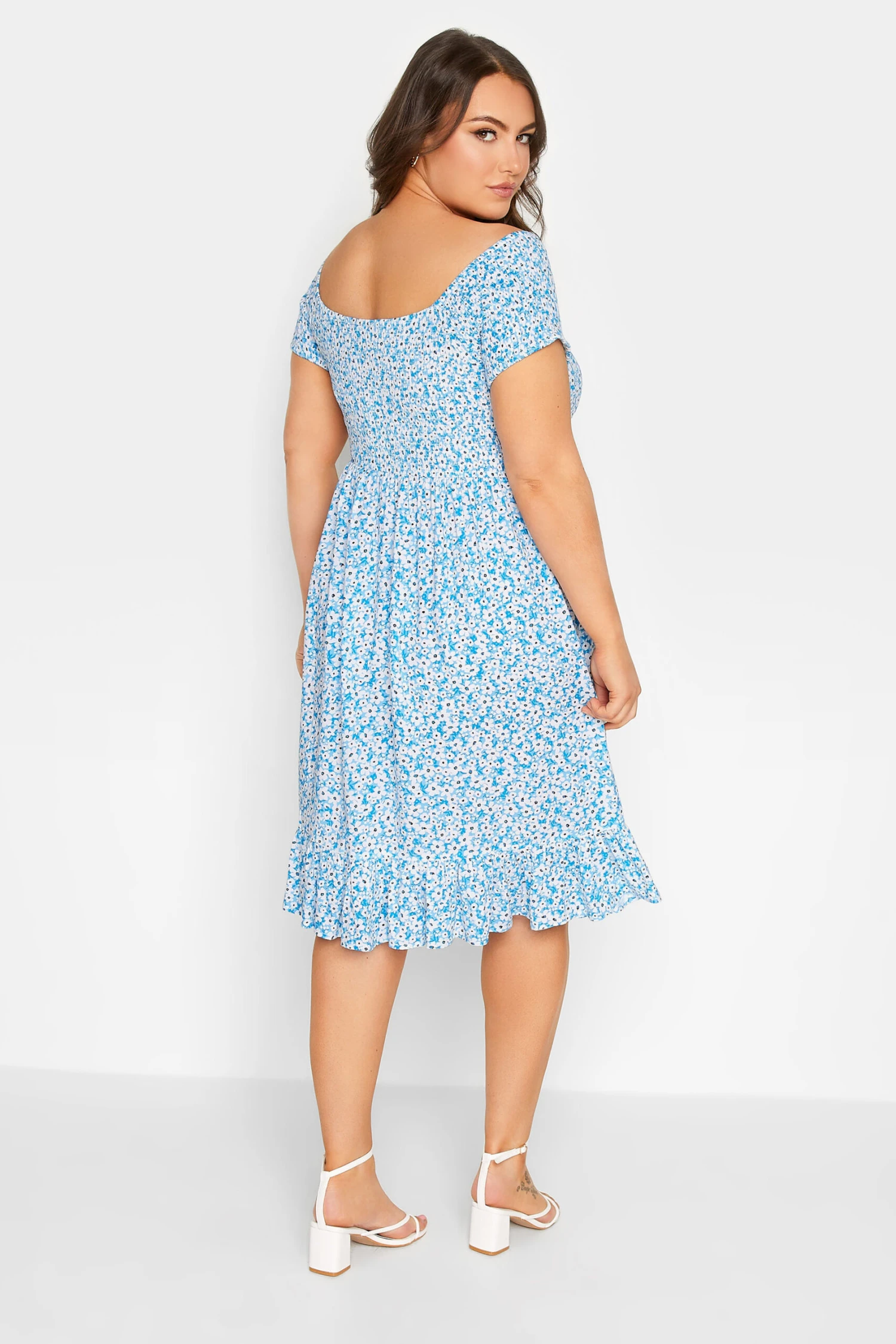 YOURS Curve Blue Ditsy Floral Bardot Midi Dress 2 YOURS Curve Blue Ditsy Floral Bardot Midi Dress - Image 2
