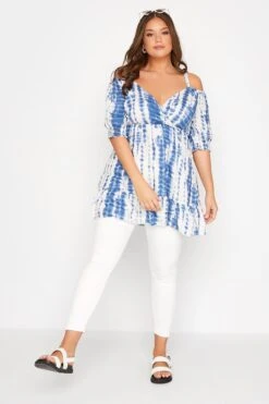 YOURS Curve Blue Tie Dye Cold Shoulder Top