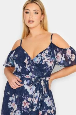 YOURS LONDON Curve Blue Floral Cold Shoulder Wrap Dress -Saga Dresses Shop 607d7a06 95da 48 162051 D