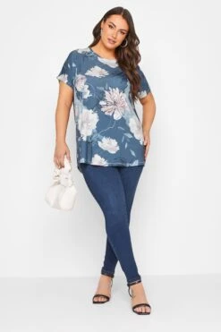 YOURS Curve Dark Blue Floral Print T-Shirt