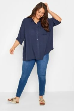 YOURS Curve Navy Blue Short Sleeve Crinkle Shirt