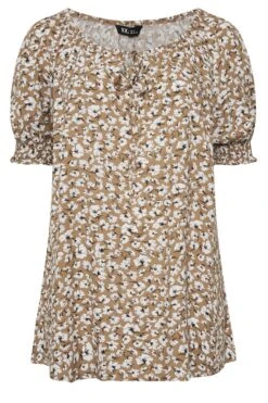 YOURS Curve Beige Brown Floral Print Gypsy Top -Saga Dresses Shop 63ac0112 d386 44 131967 X