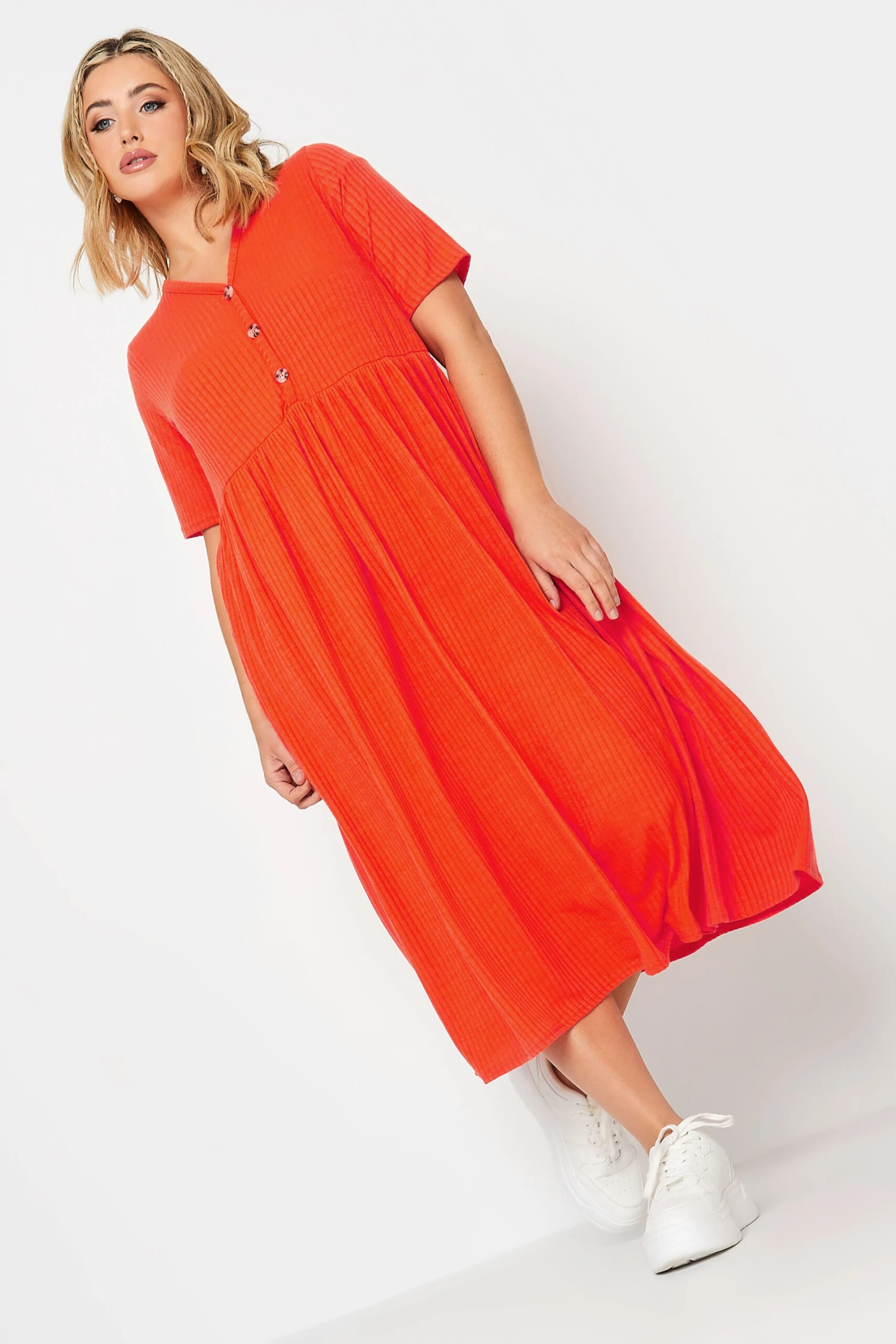 LIMITED COLLECTION Curve Orange Ribbed Peplum Midi Dress 2 LIMITED COLLECTION Curve Orange Ribbed Peplum Midi Dress - Image 2