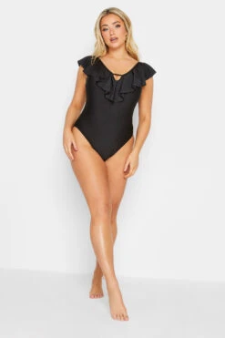 YOURS Curve Black Frill Plunge Tummy Control Swimsuit
