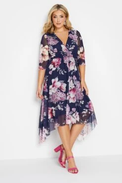 YOURS LONDON Curve Blue Floral Mesh Wrap Dress