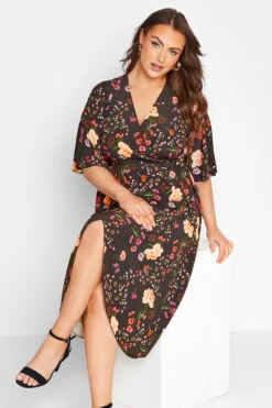 YOURS LONDON Curve Black Floral Print Midi Wrap Dress -Saga Dresses Shop 6643fcad a551 43 161817 D