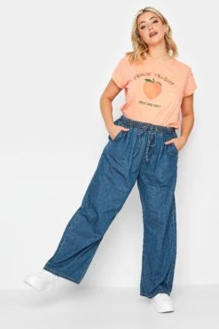 YOURS Curve Mid Blue Pull On Wide Leg Jeans