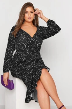 YOURS LONDON Curve Black Polkadot Ruffle Wrap Dress -Saga Dresses Shop 67f90ef2 a7be 4b 161799 D