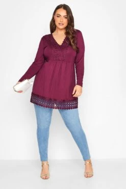 YOURS Curve Dark Pink Crochet Trim Long Sleeve Tunic Top