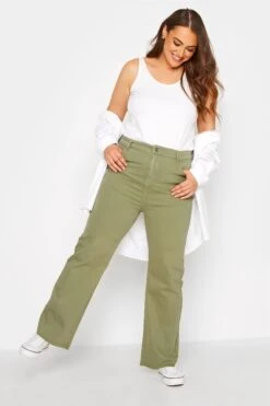 YOURS Curve Khaki Green Stretch Wide Leg Jeans