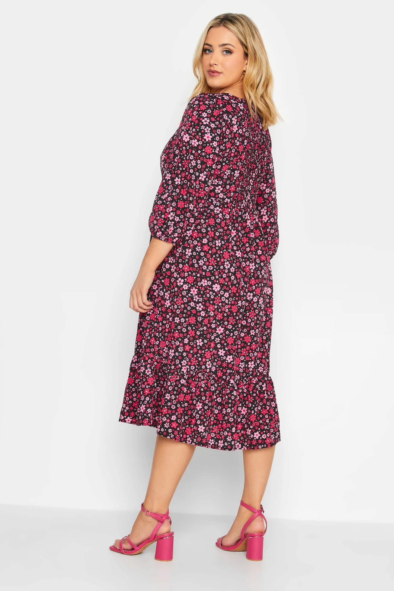 YOURS Curve Black & Pink Floral Smock Midi Dress 2 YOURS Curve Black & Pink Floral Smock Midi Dress - Image 2