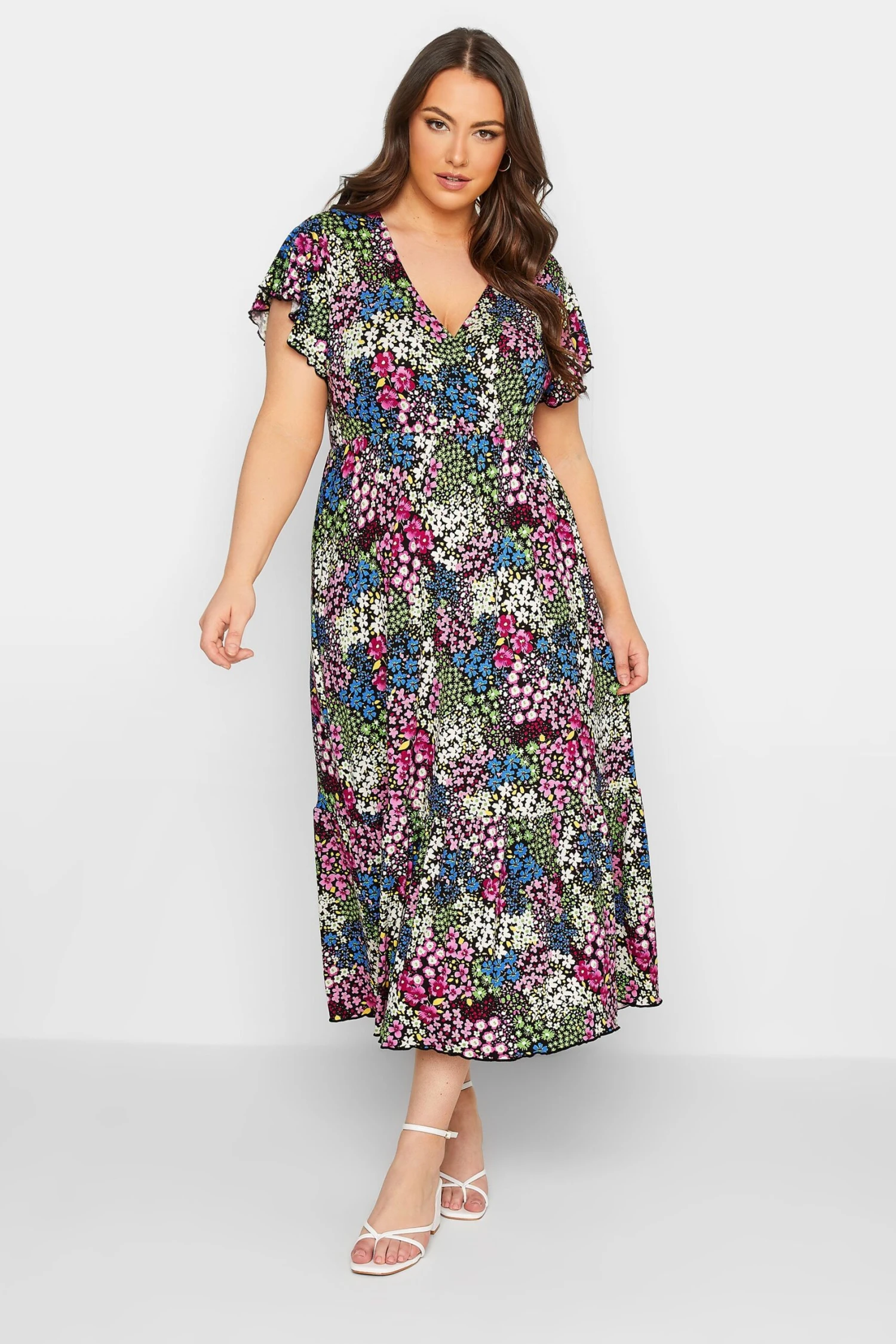 YOURS Curve Black & Green Ditsy Print Frill Sleeve Wrap Maxi Dress 1 YOURS Curve Black & Green Ditsy Print Frill Sleeve Wrap Maxi Dress