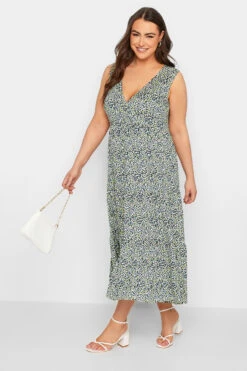 YOURS Curve Blue Floral Ditsy Print Maxi Wrap Dress