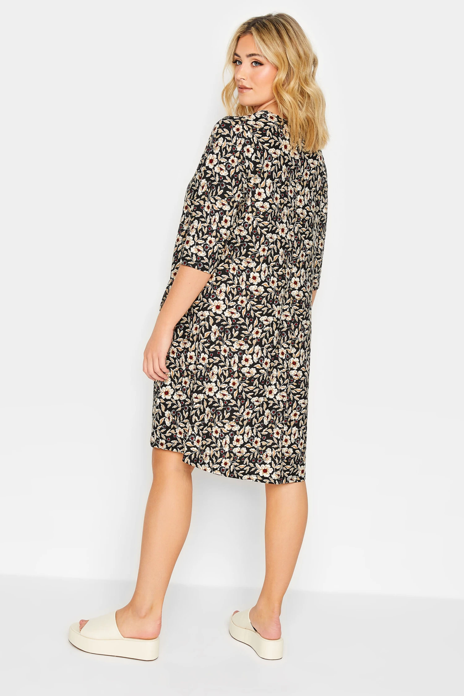 YOURS Curve Black Floral Print Drape Pocket Mini Dress 2 YOURS Curve Black Floral Print Drape Pocket Mini Dress - Image 2