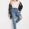 YOURS Curve Blue Ripped Elasticated Stretch MOM Jeans