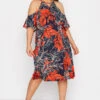 YOURS Curve Navy Blue Leaf Print Cold Shoulder Dress