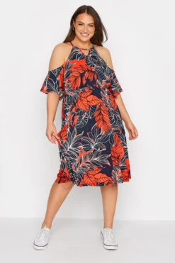 YOURS Curve Navy Blue Leaf Print Cold Shoulder Dress