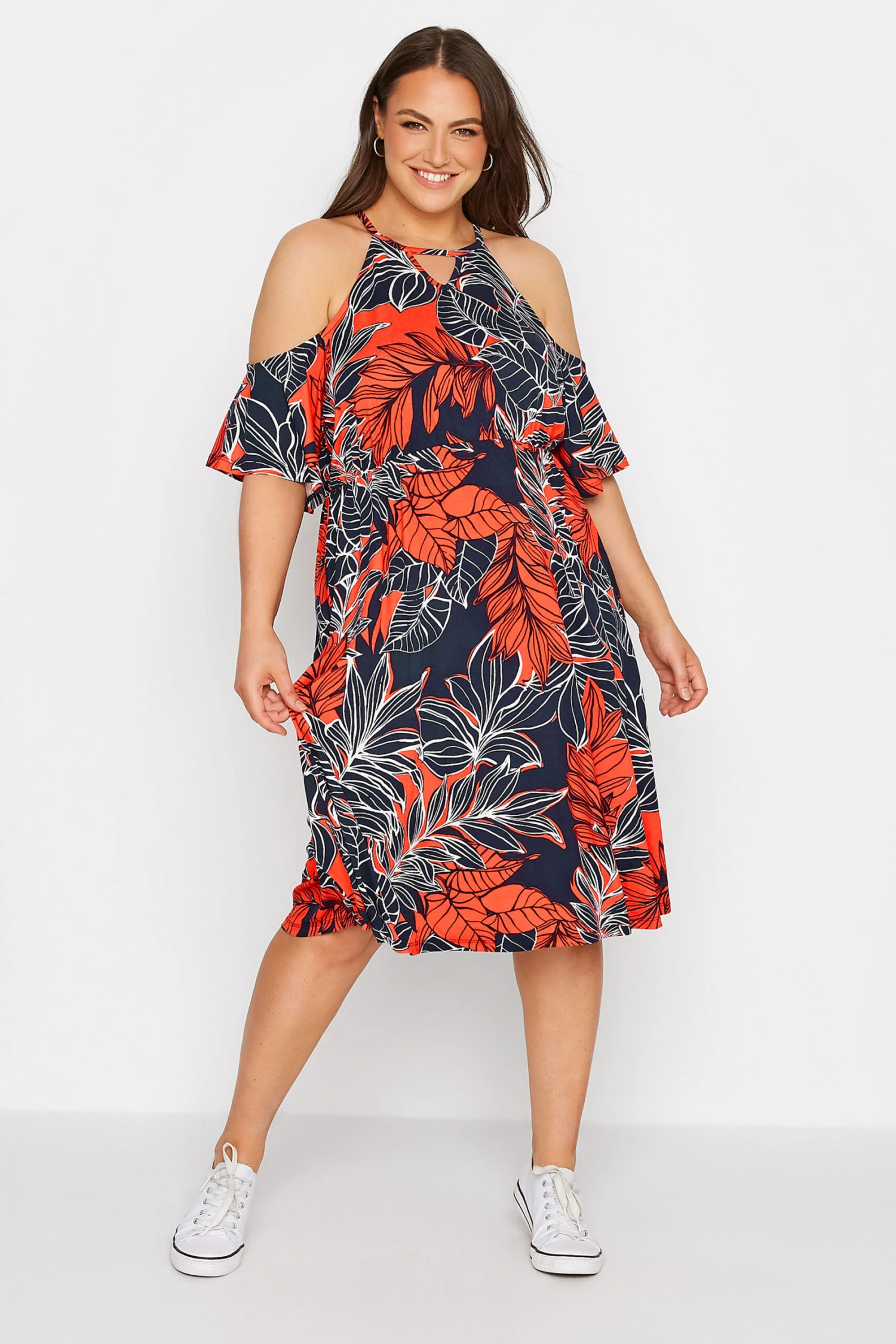 YOURS Curve Navy Blue Leaf Print Cold Shoulder Dress 1 YOURS Curve Navy Blue Leaf Print Cold Shoulder Dress