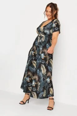 YOURS Curve Charcoal Black Leaf Print Wrap Dress