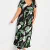 YOURS Curve Black Leaf Print Wrap Front Midaxi Dress