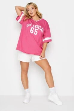 YOURS Curve Hot Pink 'Los Angeles' Slogan Varsity T-Shirt