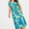 YOURS Curve Blue Leaf Print Wrap Neck Dress