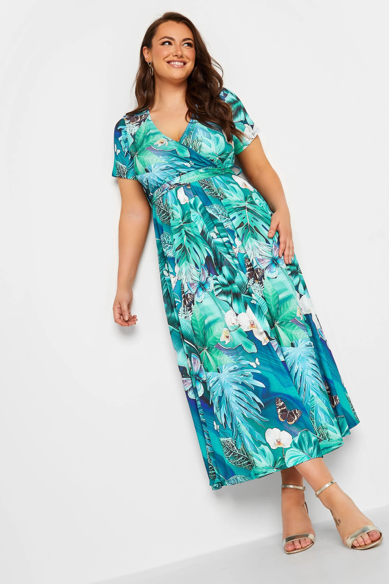 YOURS Curve Blue Leaf Print Wrap Neck Dress 1 YOURS Curve Blue Leaf Print Wrap Neck Dress