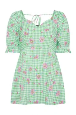 LIMITED COLLECTION Curve Green Gingham Floral Puff Sleeve Peplum Top -Saga Dresses Shop 74fe8f01 9d0d 4f 214366 F
