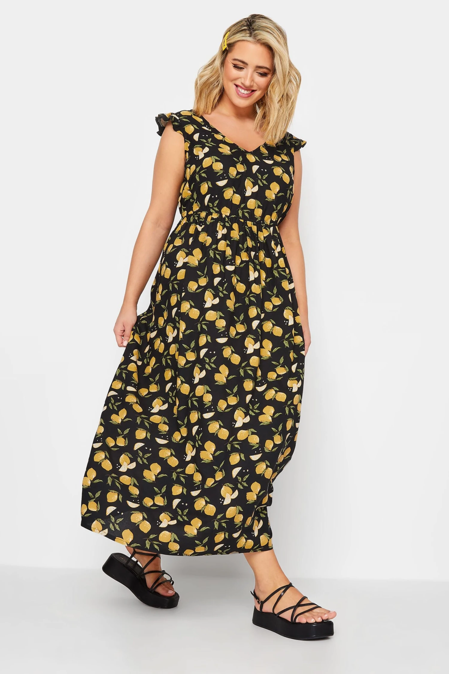 LIMITED COLLECTION Curve Black Lemons Print Frill Maxi Dress 1 LIMITED COLLECTION Curve Black Lemons Print Frill Maxi Dress