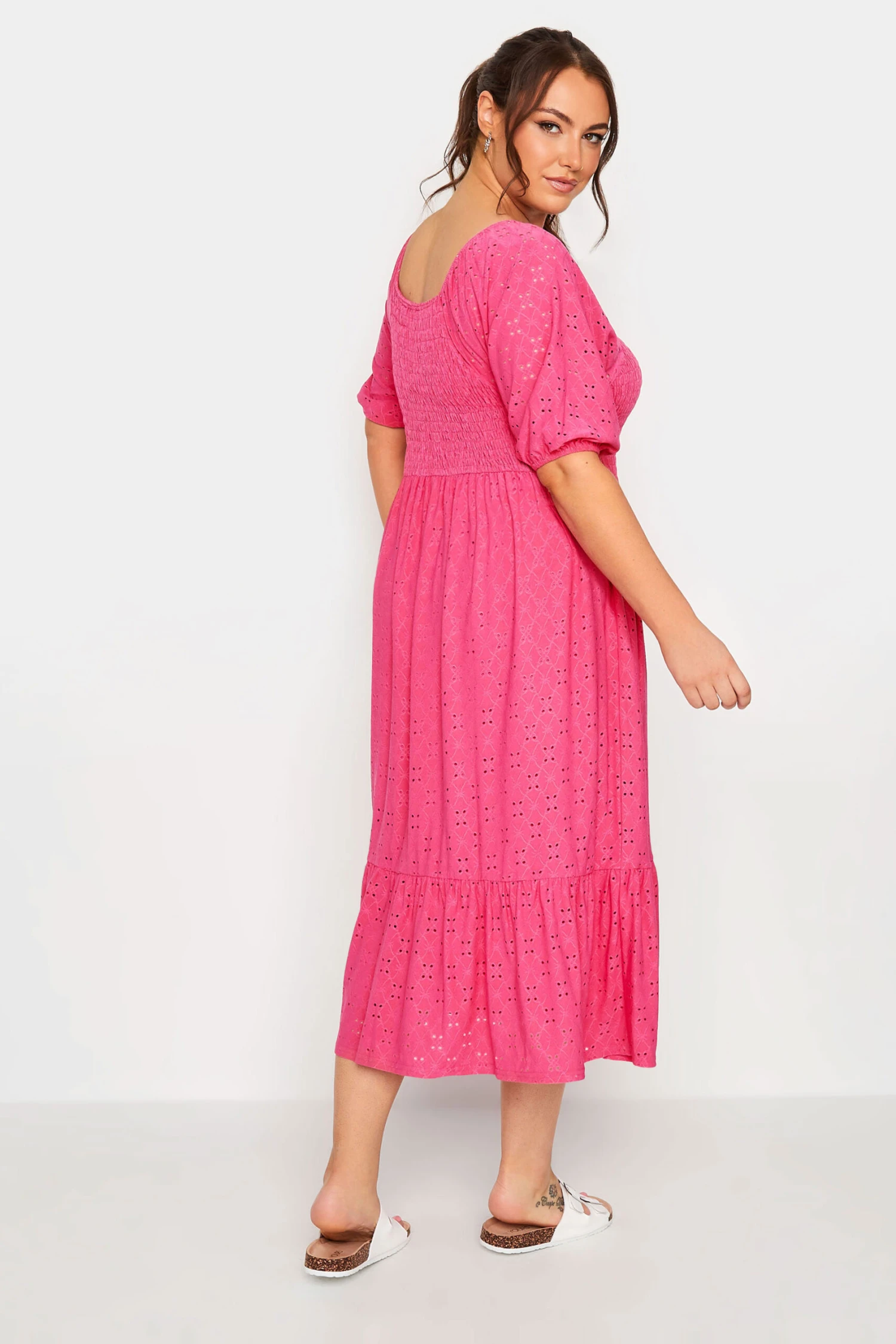 YOURS Curve Pink Shirred Broderie Anglaise Midaxi Dress 2 YOURS Curve Pink Shirred Broderie Anglaise Midaxi Dress - Image 2