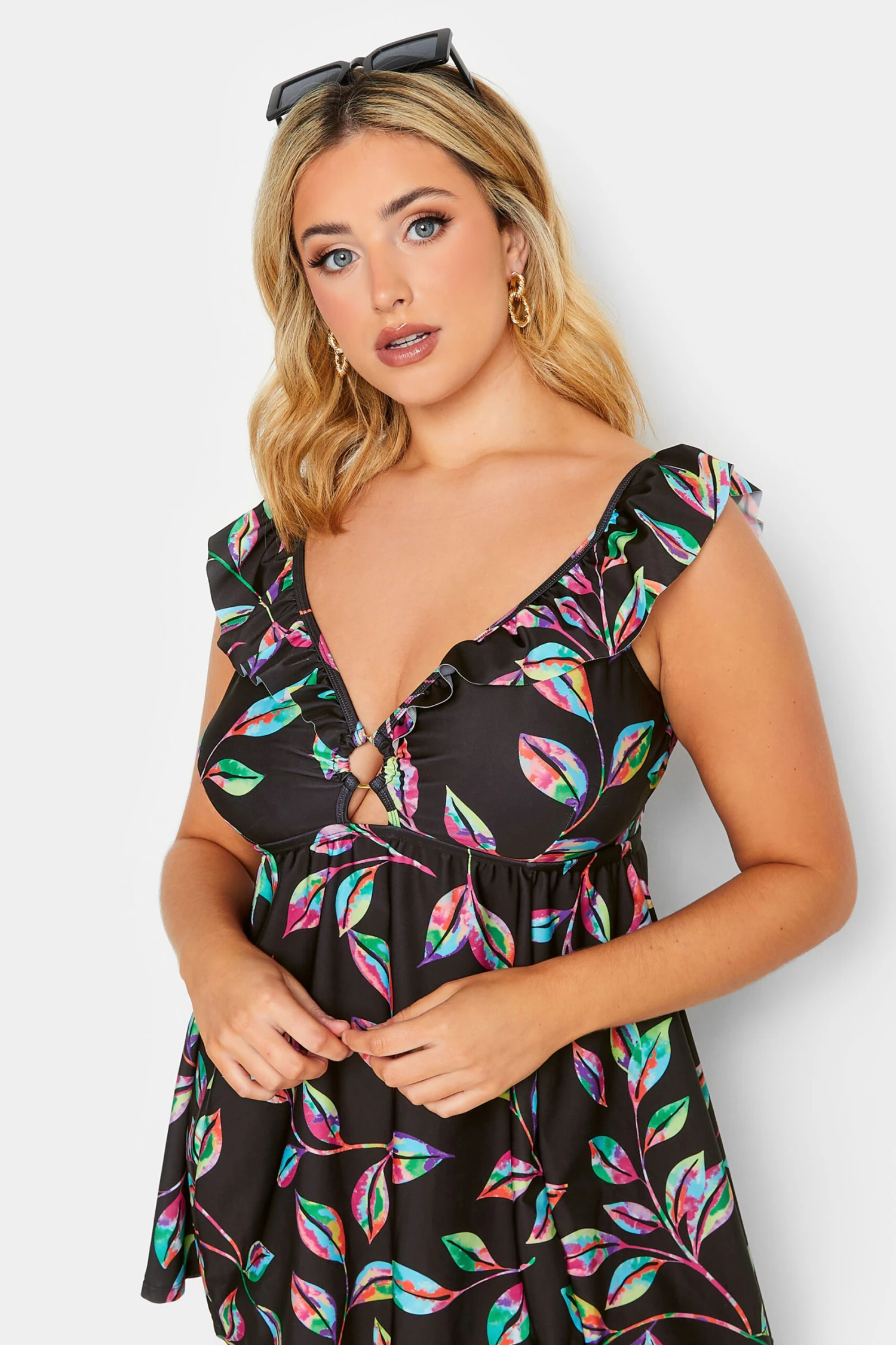 YOURS Curve Black Tropical Print Frill Swimdress 2 YOURS Curve Black Tropical Print Frill Swimdress - Image 2