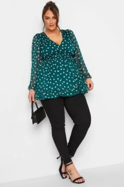 YOURS LONDON Curve Dark Green Polka Dot Wrap Top