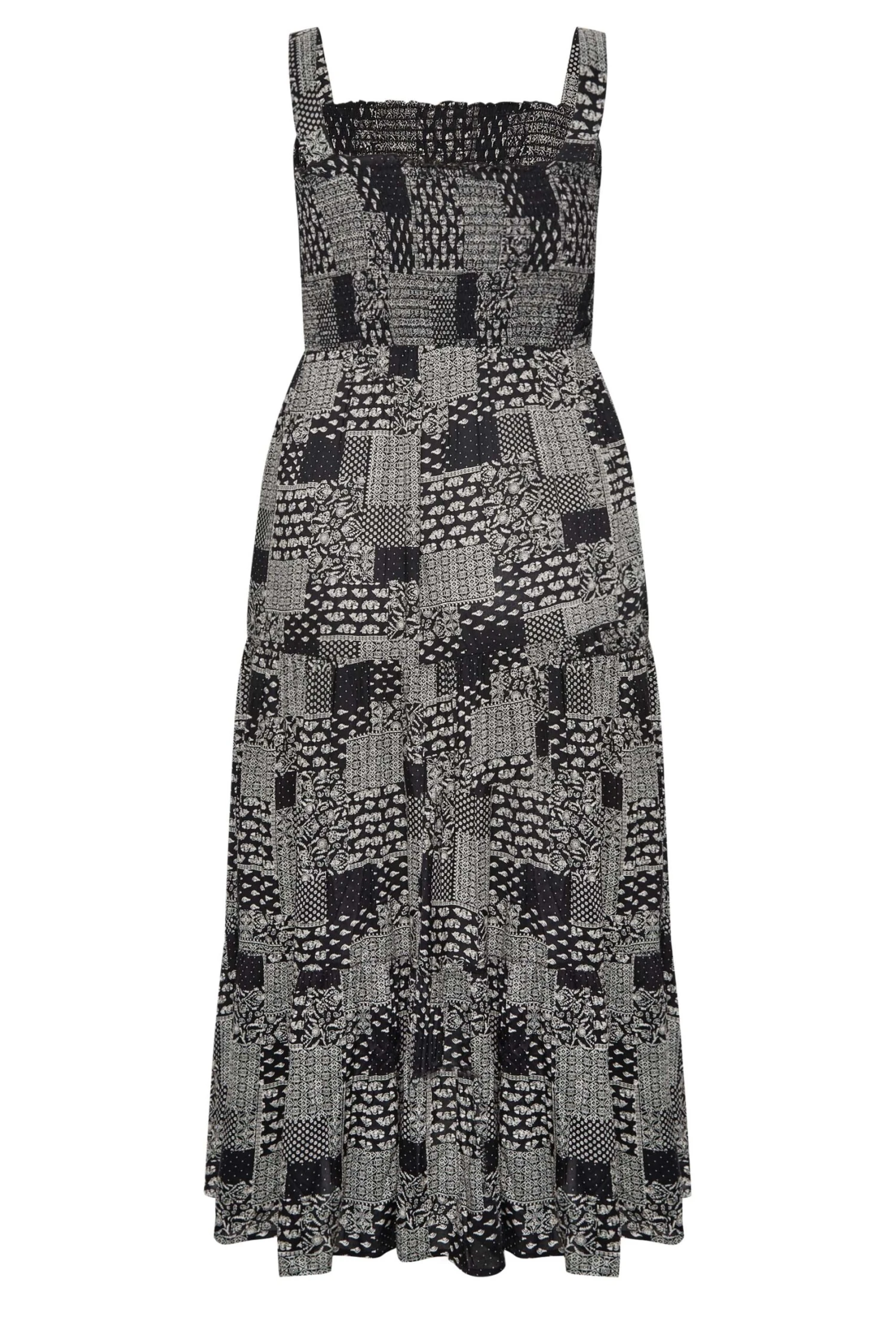 YOURS Curve Black Patchwork Print Shirred Strappy Sundress 6 YOURS Curve Black Patchwork Print Shirred Strappy Sundress - Image 6