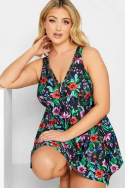 YOURS Curve Black Floral Print Tummy Control Swim Dress -Saga Dresses Shop 7a0d470e 539e 40 150267 D