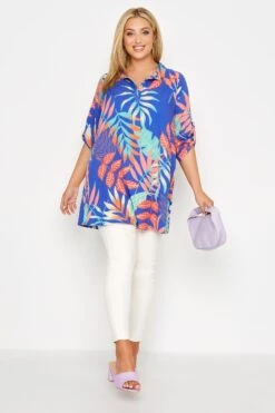 YOURS Curve Blue Leaf Print Collared Tunic Top