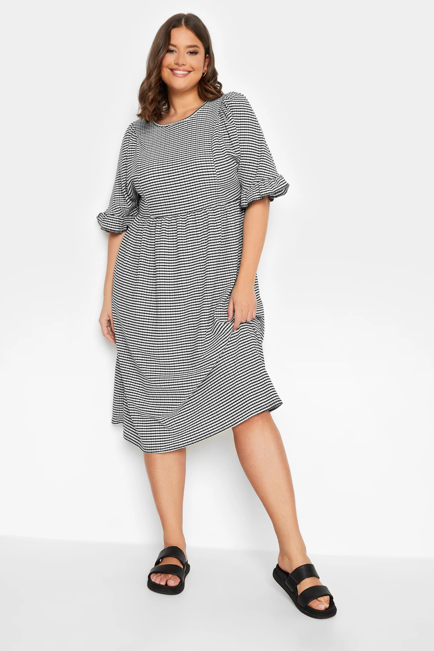 YOURS Curve Black Gingham Textured Smock Midi Dress 1 YOURS Curve Black Gingham Textured Smock Midi Dress