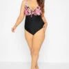 YOURS Curve Black Retro Floral Bow Tummy Control Swimsuit