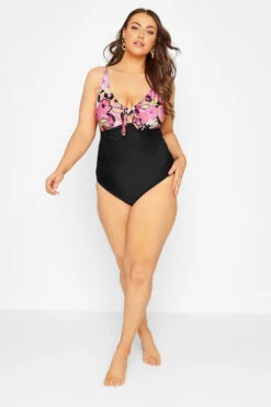 YOURS Curve Black Retro Floral Bow Tummy Control Swimsuit