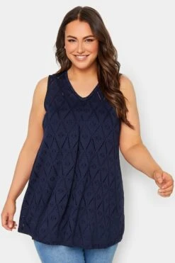 YOURS Curve 2 PACK Navy Blue Broderie Swing Vest Top