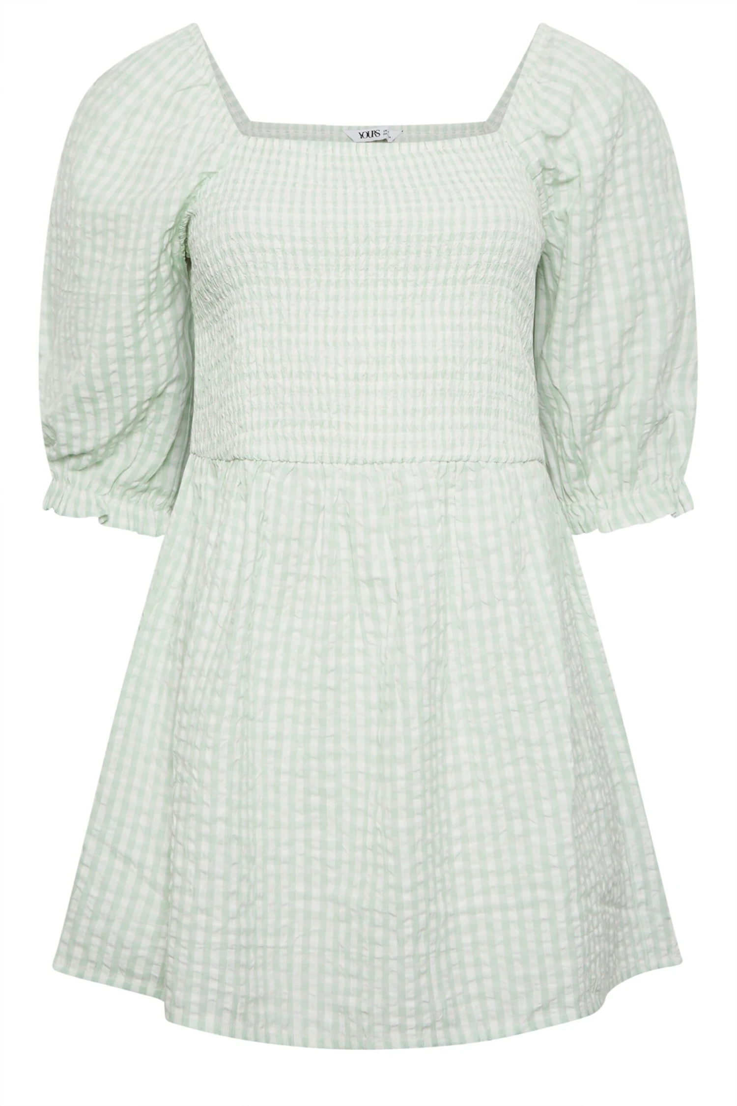 YOURS Curve Mint Green Gingham Print Square Neck Shirred Top 5 YOURS Curve Mint Green Gingham Print Square Neck Shirred Top - Image 5