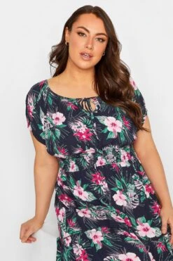 YOURS Curve Navy Blue Tropical Print Bardot Maxi Dress 8 YOURS Curve Navy Blue Tropical Print Bardot Maxi Dress -Saga Dresses Shop 8042f73d 501a 4b 137323 D