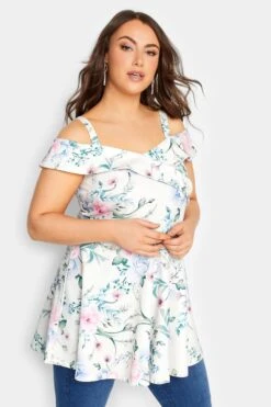 YOURS LONDON Curve White Floral Bardot Peplum Top -Saga Dresses Shop 805e5f15 b7ee 43 162111 D