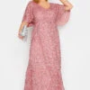 LUXE Curve Pink Hand Embellished Angel Sleeve Maxi Dress