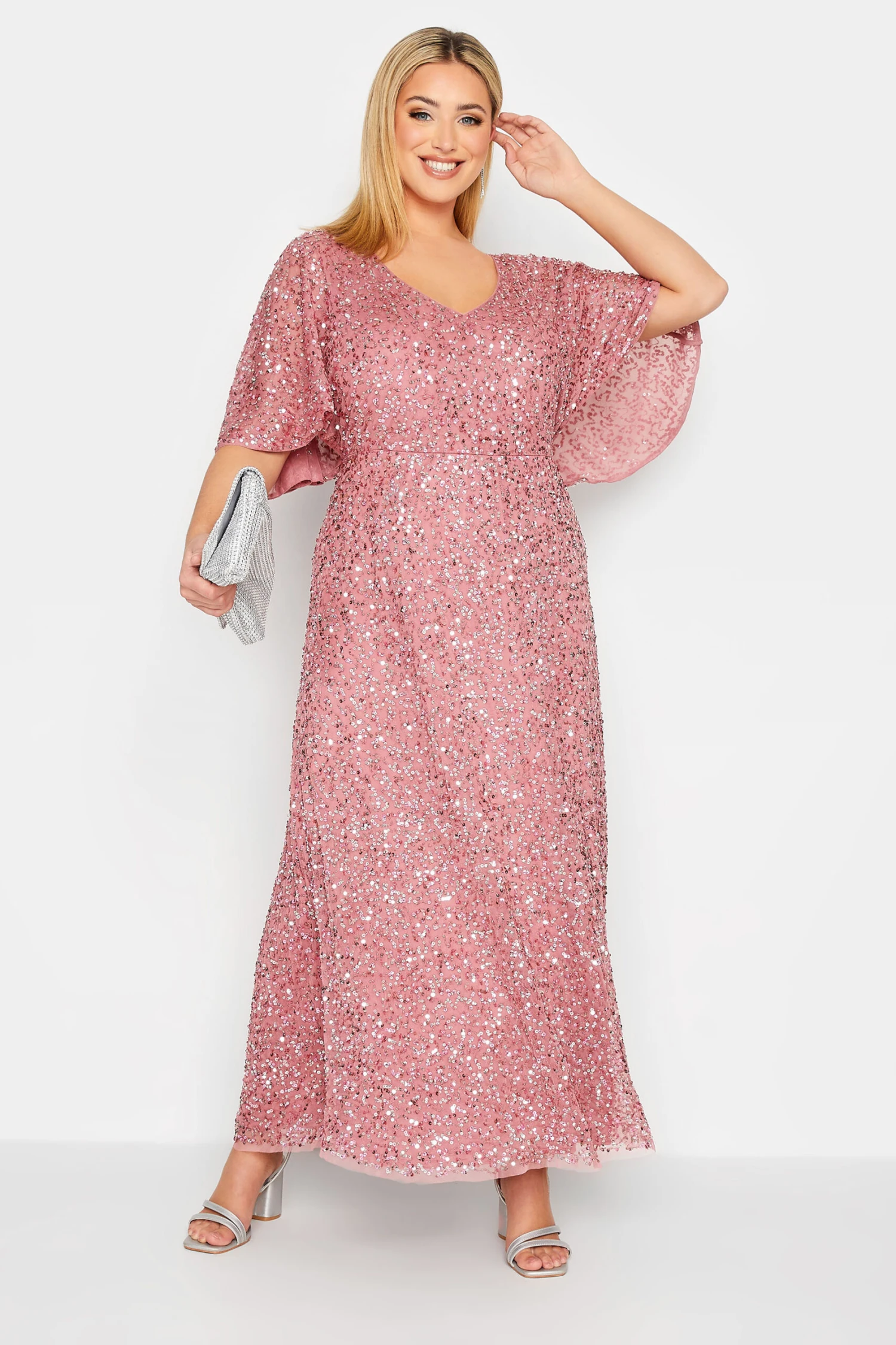 LUXE Curve Pink Hand Embellished Angel Sleeve Maxi Dress 1 LUXE Curve Pink Hand Embellished Angel Sleeve Maxi Dress