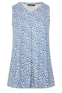 YOURS Curve Blue Daisy Print Pleat Front Vest Top -Saga Dresses Shop 80e4d1b1 597b 4b 302069 X
