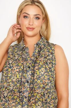 YOURS Curve Navy Blue Floral Print Sleeveless Frill Swing Blouse -Saga Dresses Shop 833f5851 622d 41 173882 D